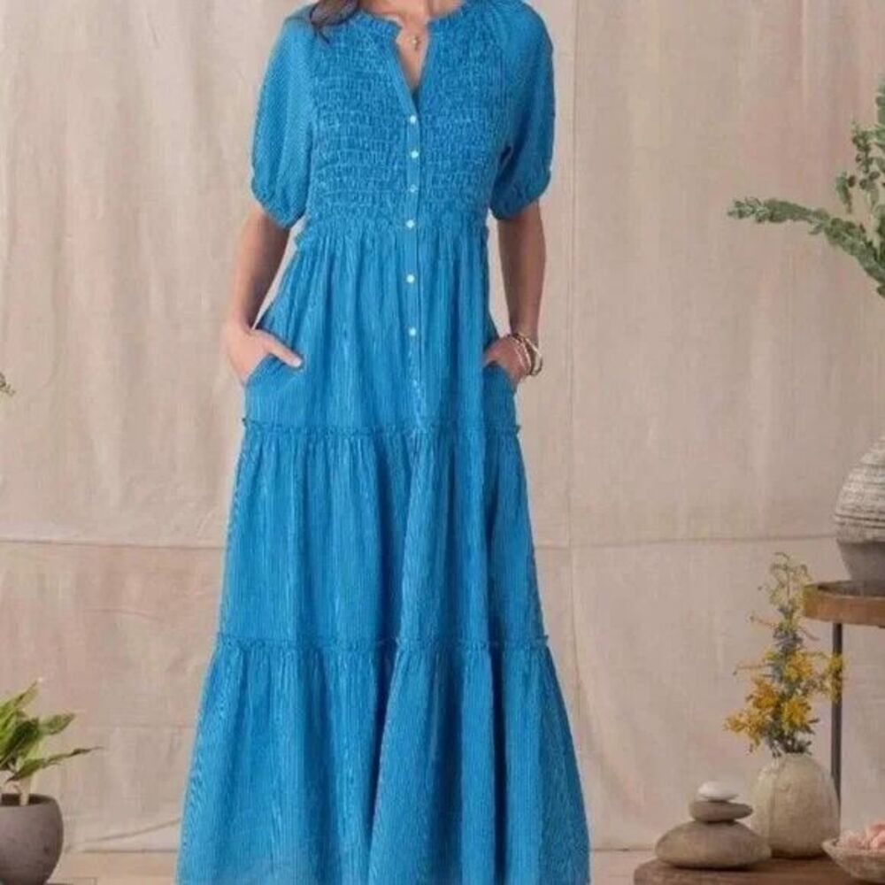 Sundance Topsail Maxi Dress Size S‎ Blue Seersucker Smocked Tiered Cottagecore